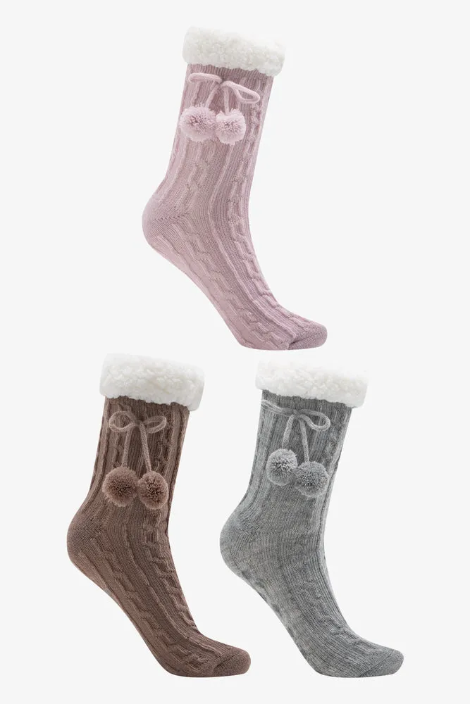3 Pack Slipper Socks Grey, Brown And Pink