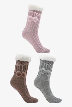 3 Pack Slipper Socks Grey, Brown And Pink