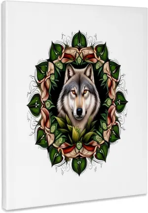 3dRose, A Timber Wolf Surrounded By Ladys Slipper Minnesota State Tattoo Art, Museum Grade Canvas Wrap 16x20