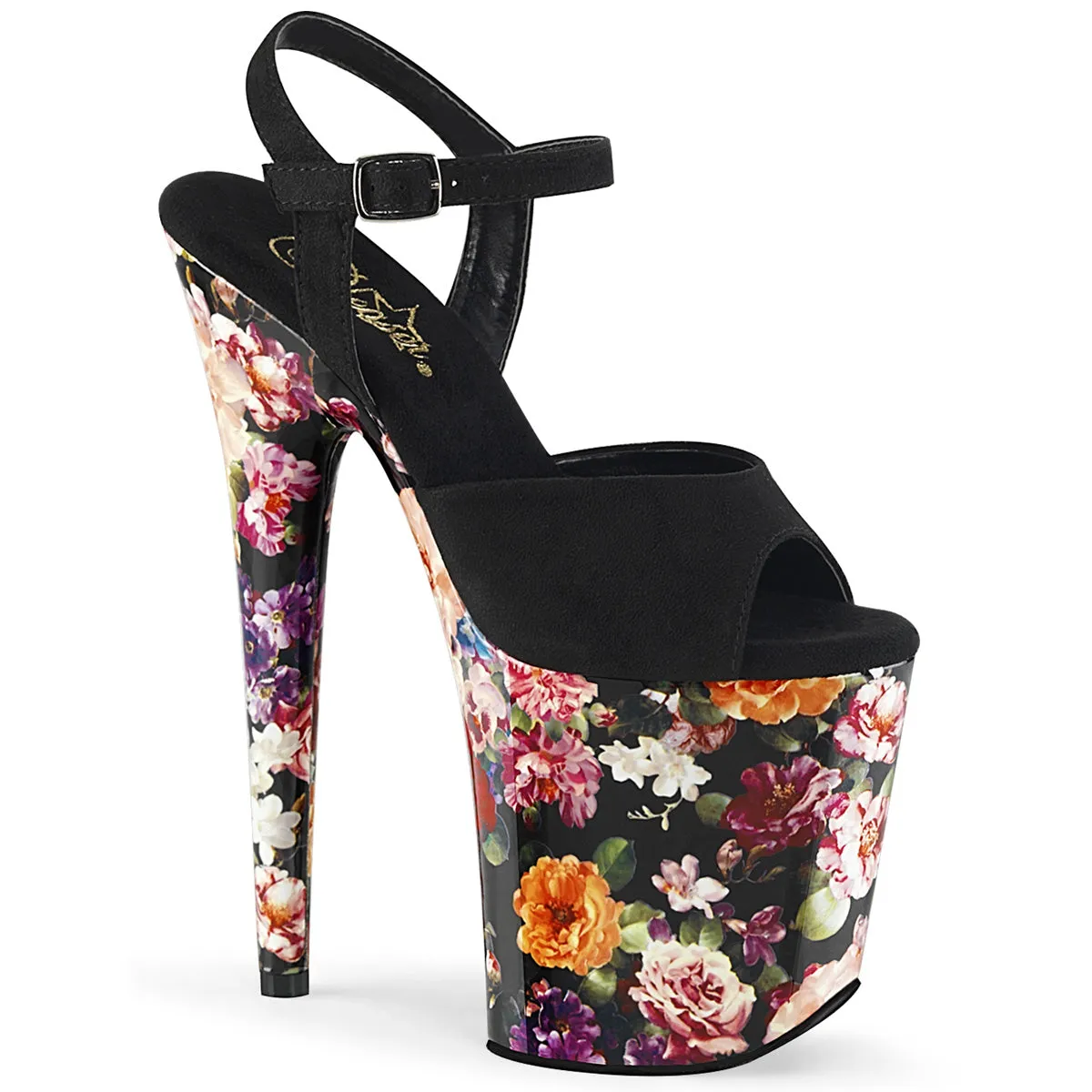 8 Inch Heel FLAMINGO-809WR Black Pu Flower Print