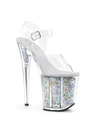 8" Heel, 4" Glitter Filled PF Ankle Strap Sandal