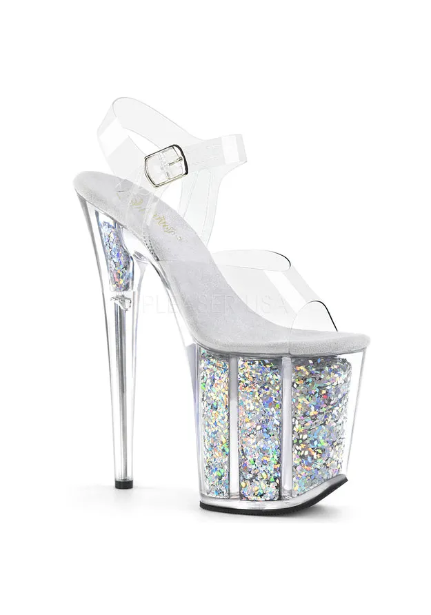 8" Heel, 4" Glitter Filled PF Ankle Strap Sandal