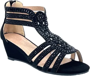 ABSOLEX Girl's Ankle Strap Rhinestone Dressy Low Heel Wedge Pump Sandal