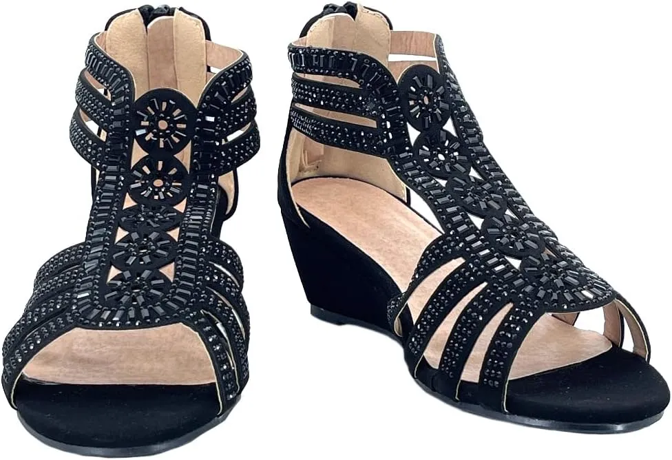 ABSOLEX Girl's Ankle Strap Rhinestone Dressy Low Heel Wedge Pump Sandal