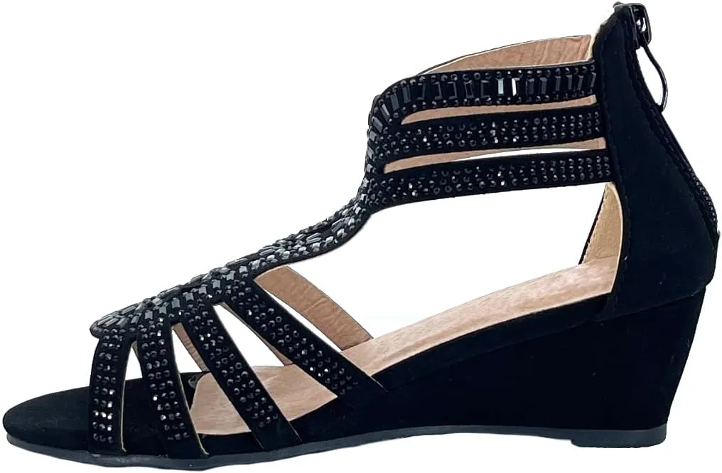 ABSOLEX Girl's Ankle Strap Rhinestone Dressy Low Heel Wedge Pump Sandal