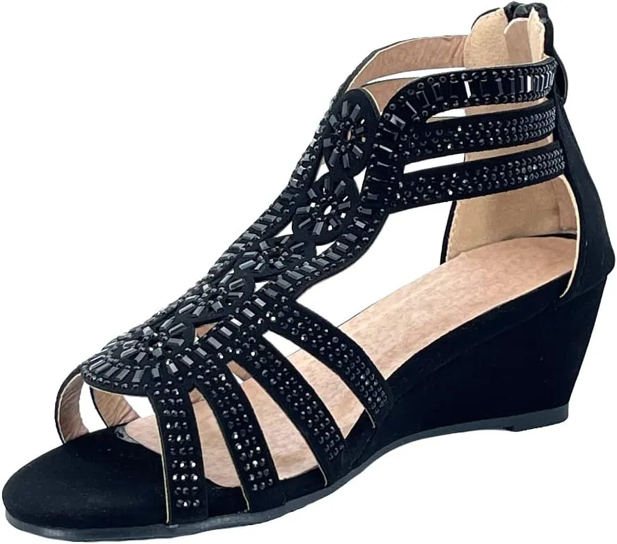 ABSOLEX Girl's Ankle Strap Rhinestone Dressy Low Heel Wedge Pump Sandal