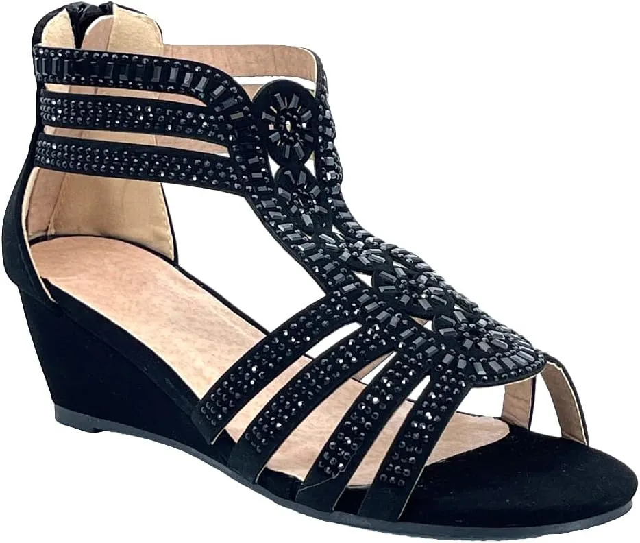 ABSOLEX Girl's Ankle Strap Rhinestone Dressy Low Heel Wedge Pump Sandal