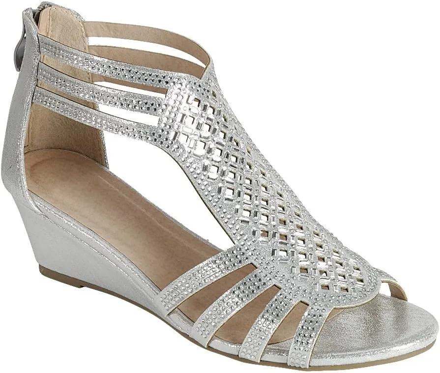 ABSOLEX Women Strappy Open Toe Rhinestone Dressy Low Heel Wedge Sandal