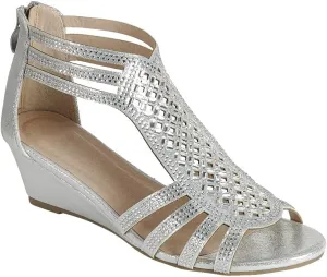 ABSOLEX Women Strappy Open Toe Rhinestone Dressy Low Heel Wedge Sandal