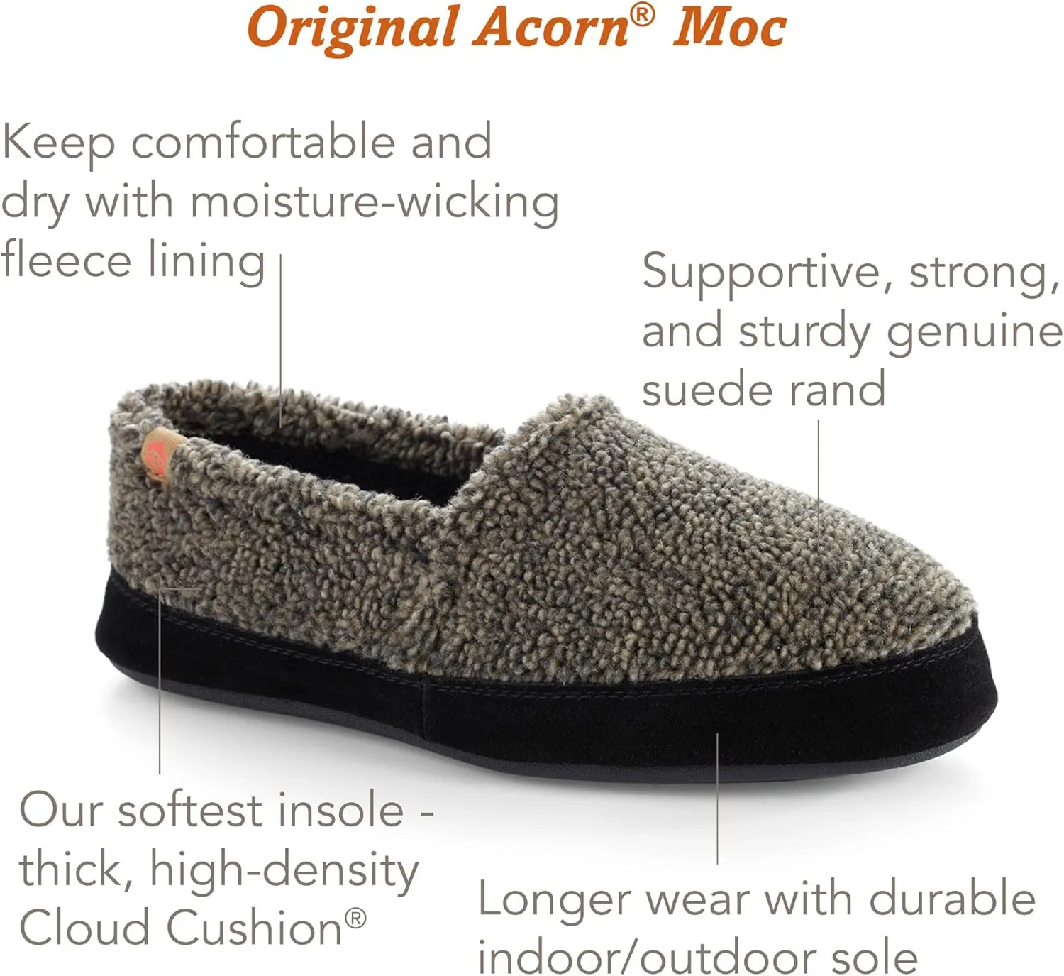 Acorn Men's Moc Slippers with Memory Foam Insole Suede Sidewall and Rubber Outsole (Tex/Polar)