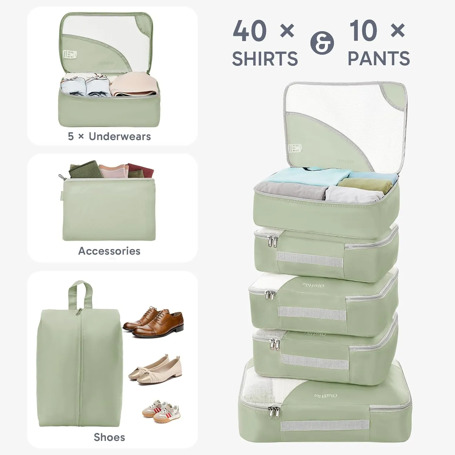 ALL INCLUDED 10 Set Durable Packing Cubes for Suitcases,OlarHike Essentials for Travel, UPGRADED Anti-Tear Stitching, NEW Improved Luggage Packing Organizers for Travel Accessories (Matcha Green)