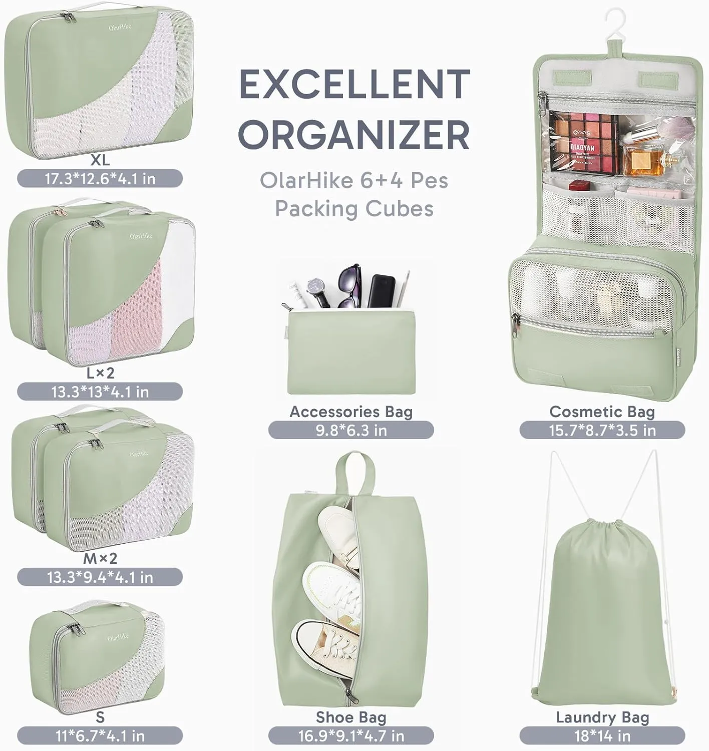 ALL INCLUDED 10 Set Durable Packing Cubes for Suitcases,OlarHike Essentials for Travel, UPGRADED Anti-Tear Stitching, NEW Improved Luggage Packing Organizers for Travel Accessories (Matcha Green)