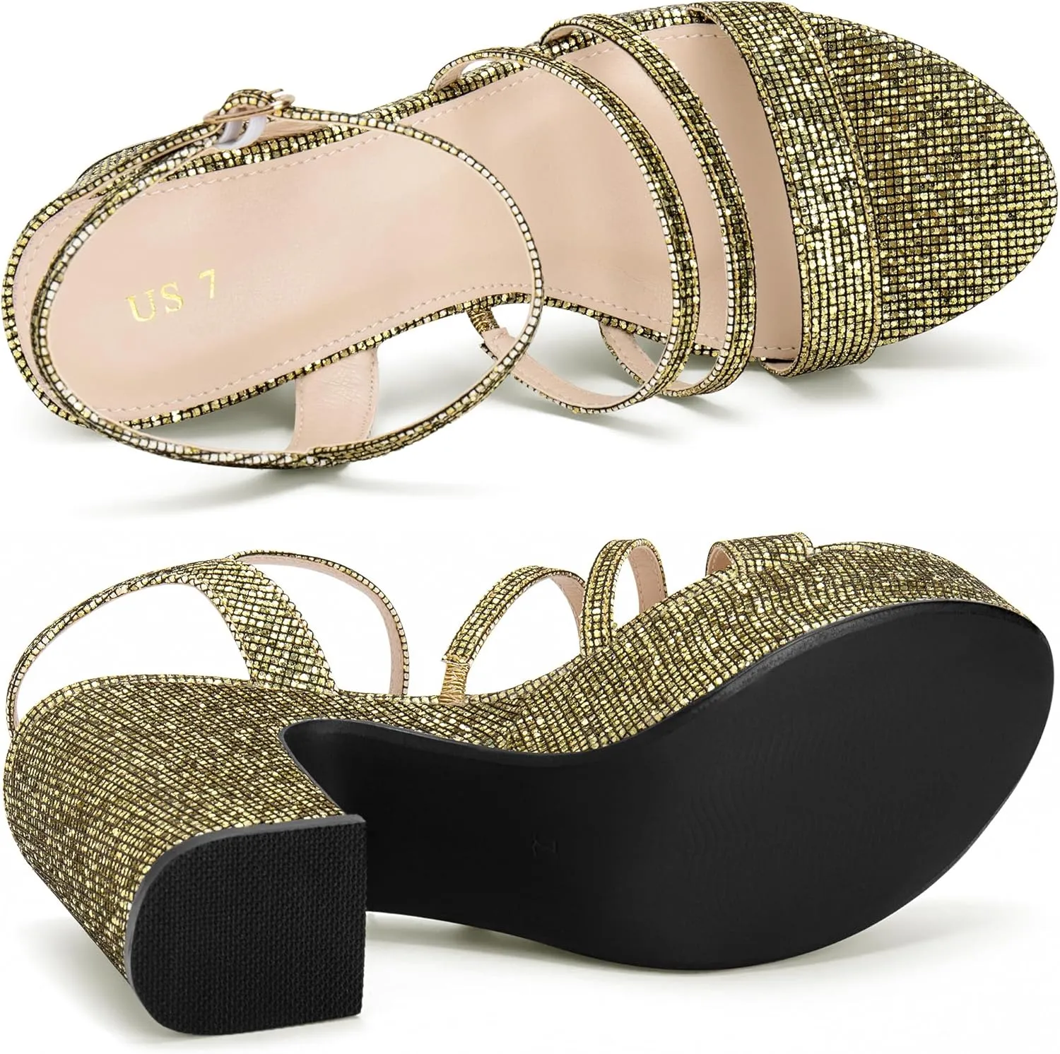 Allegra K Women's Glitter Sparkly Strappy Platform Chunky Heels Sandals