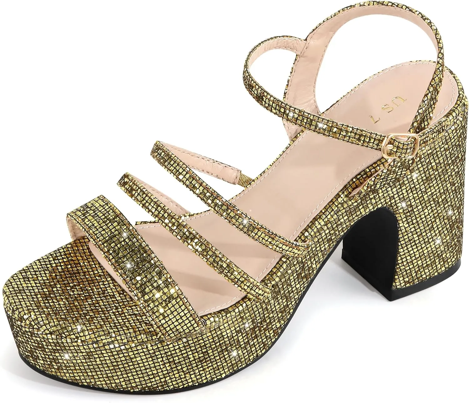 Allegra K Women's Glitter Sparkly Strappy Platform Chunky Heels Sandals