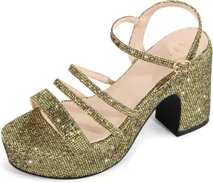 Allegra K Women's Glitter Sparkly Strappy Platform Chunky Heels Sandals