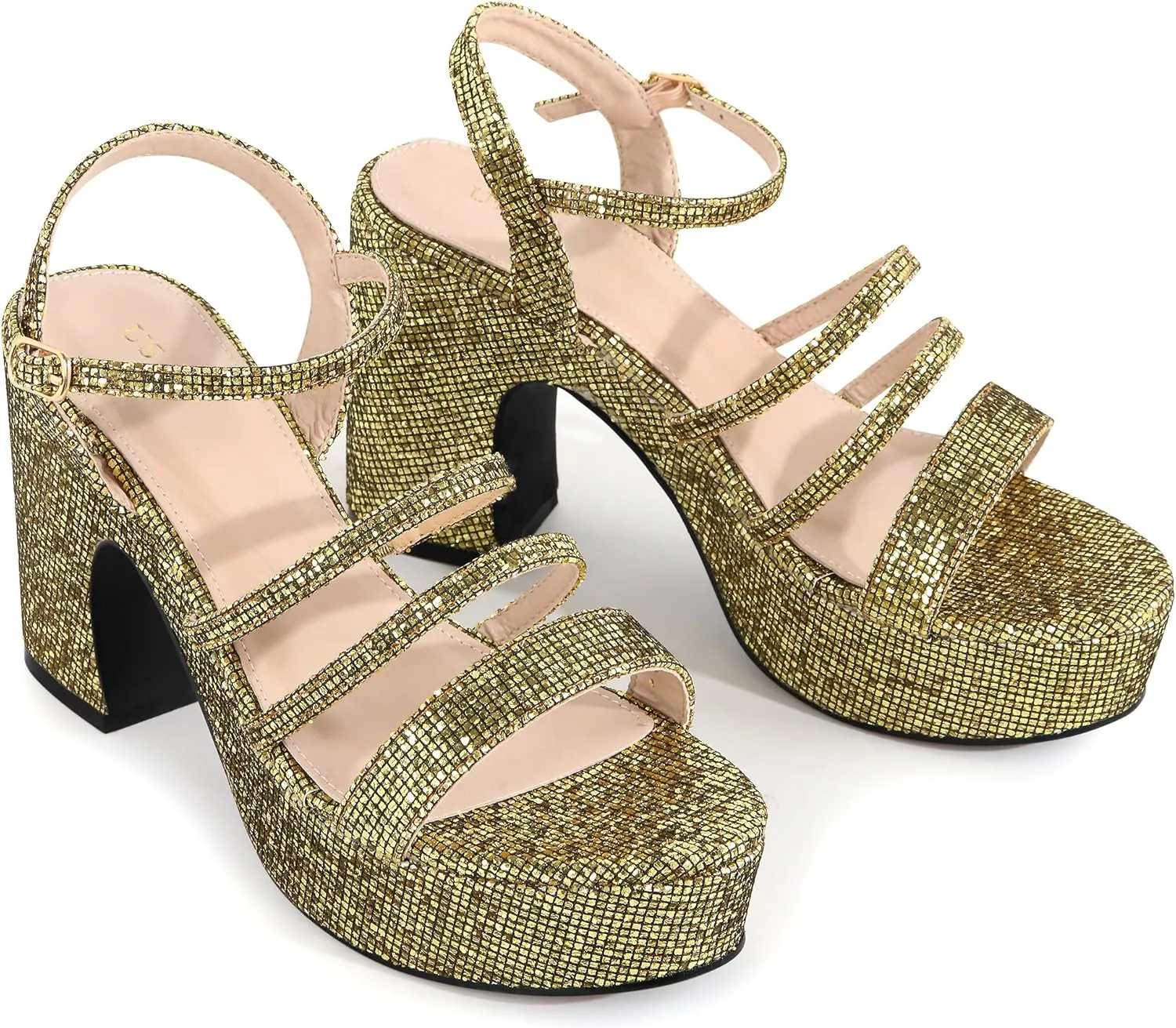 Allegra K Women's Glitter Sparkly Strappy Platform Chunky Heels Sandals