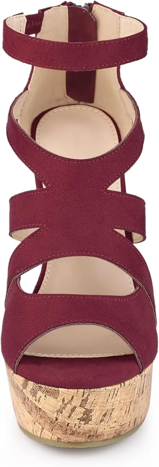 Allegra K Women's Platform Peep Toe Cutout Caged Cork Wedge Heel Sandals