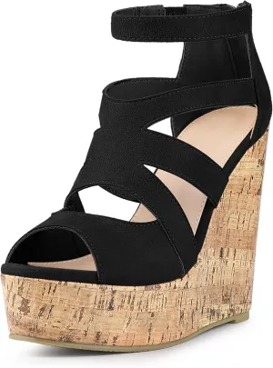 Allegra K Women's Platform Peep Toe Cutout Caged Cork Wedge Heel Sandals