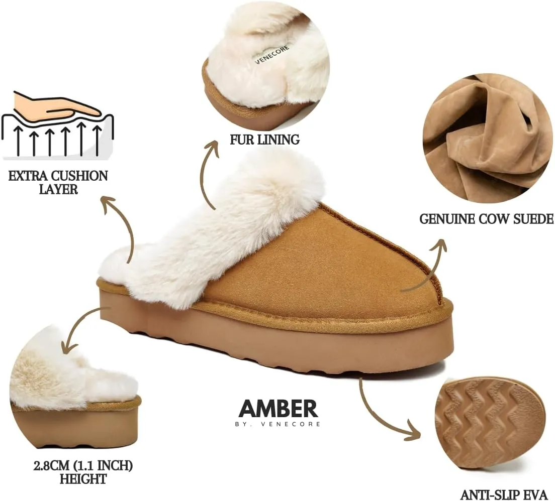 Amber Women's Winter Fur Slippers Genuine Suede Fluffy Faux Fur Memory Foam Cushion, Indoor and Outdoor