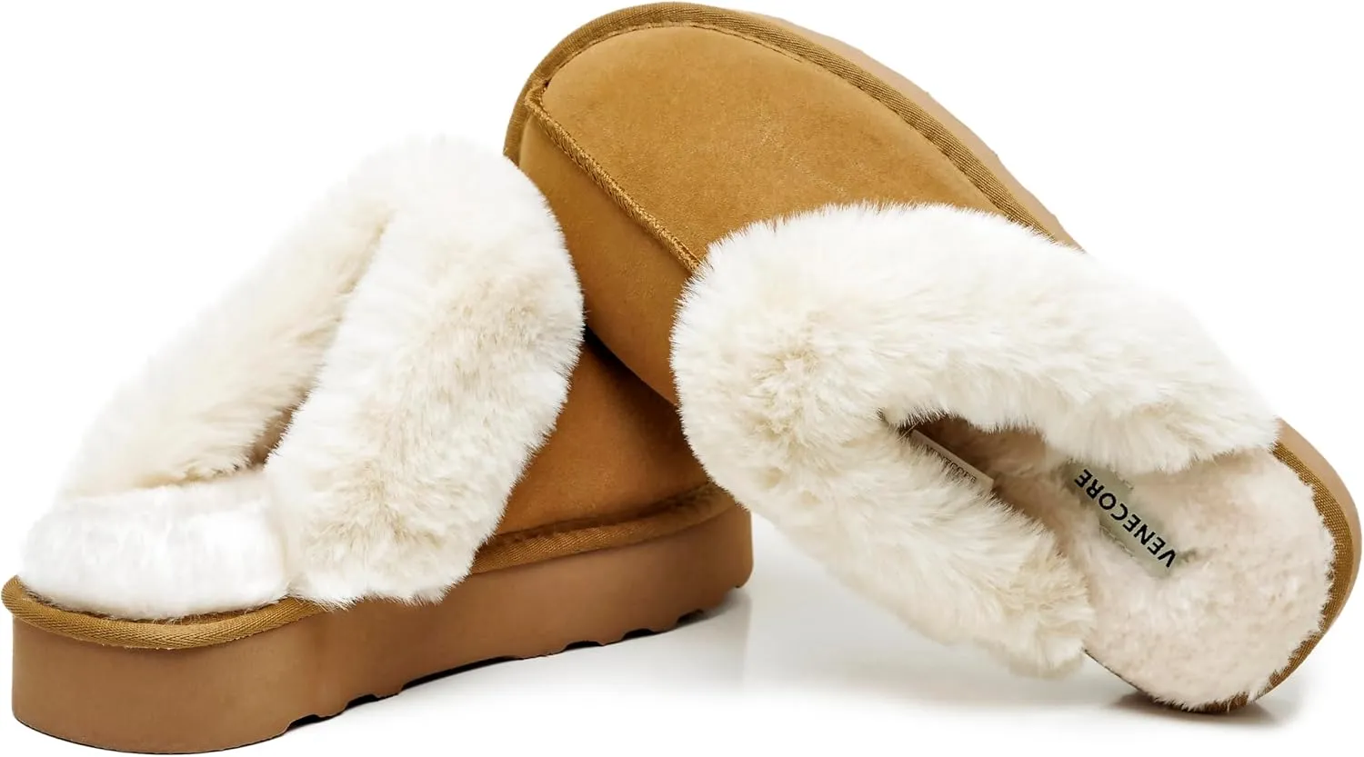 Amber Women's Winter Fur Slippers Genuine Suede Fluffy Faux Fur Memory Foam Cushion, Indoor and Outdoor
