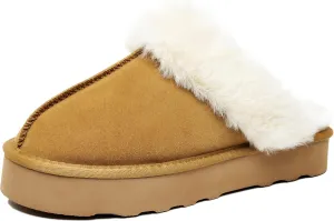 Amber Women's Winter Fur Slippers Genuine Suede Fluffy Faux Fur Memory Foam Cushion, Indoor and Outdoor