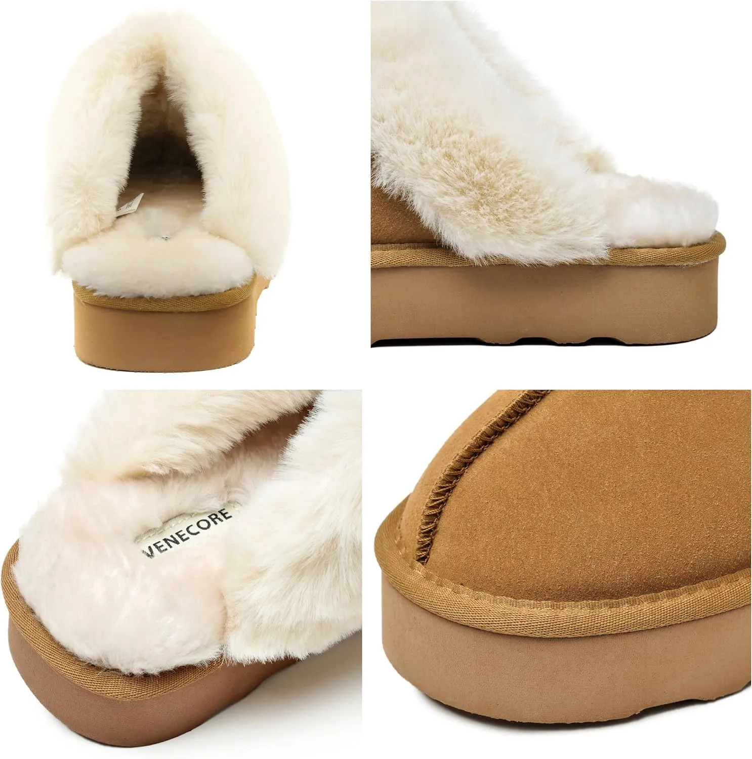 Amber Women's Winter Fur Slippers Genuine Suede Fluffy Faux Fur Memory Foam Cushion, Indoor and Outdoor