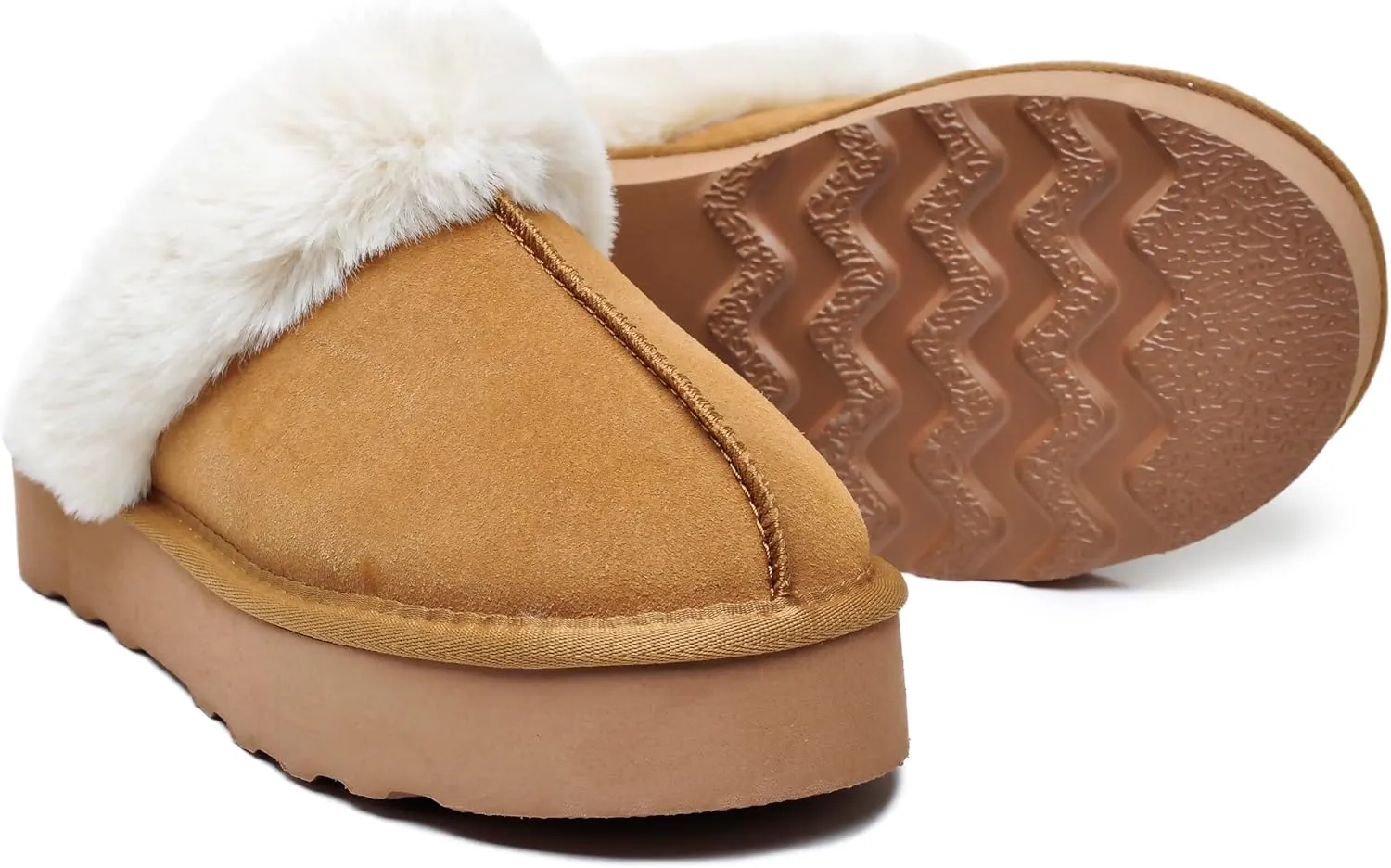 Amber Women's Winter Fur Slippers Genuine Suede Fluffy Faux Fur Memory Foam Cushion, Indoor and Outdoor