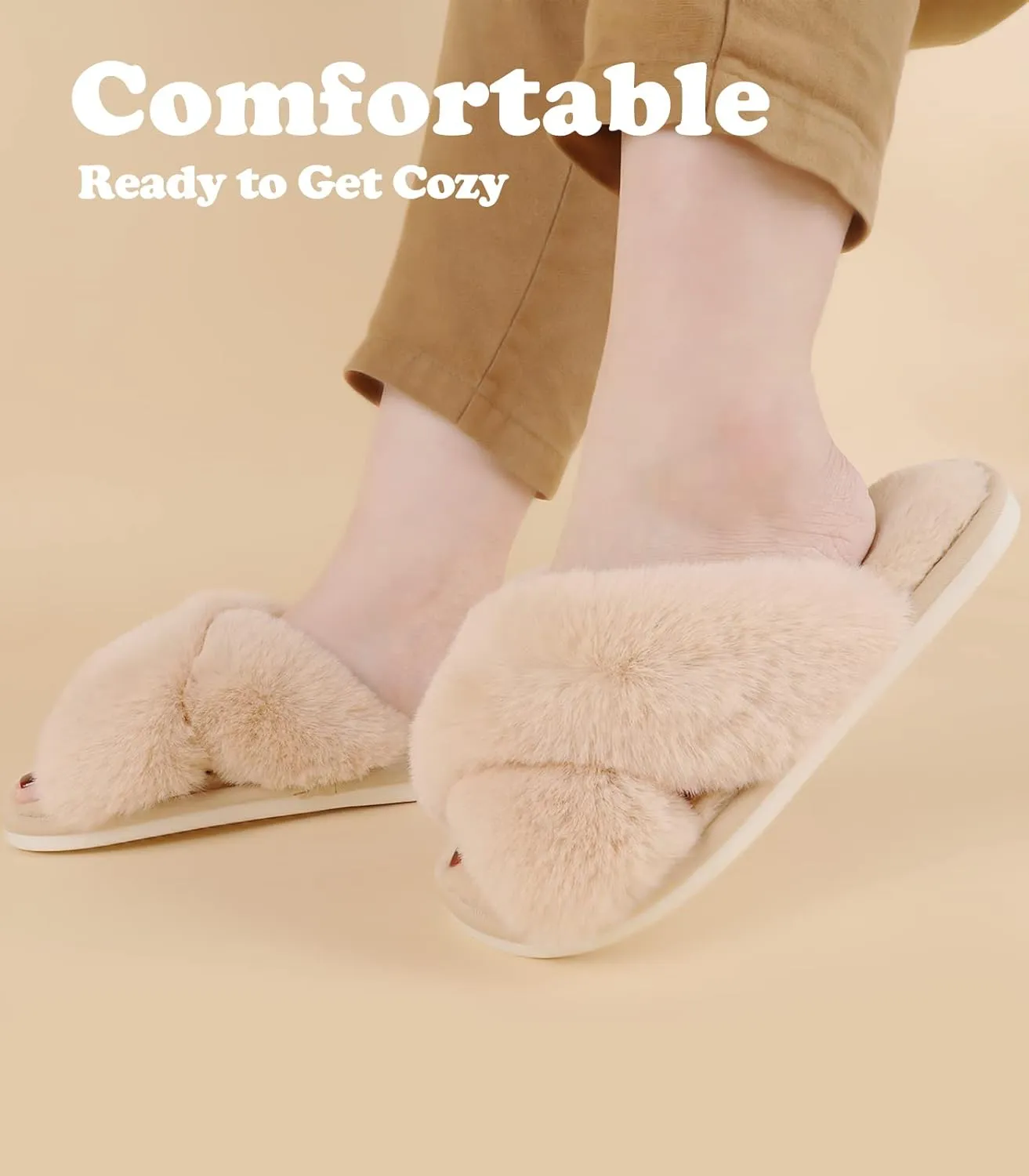Ankis Womens Fuzzy Memory Foam Slippers Cross Band Cozy Plush Home Slippers Fluffy Furry Open Toe House Shoes Indoor Outdoor Slide Slipper