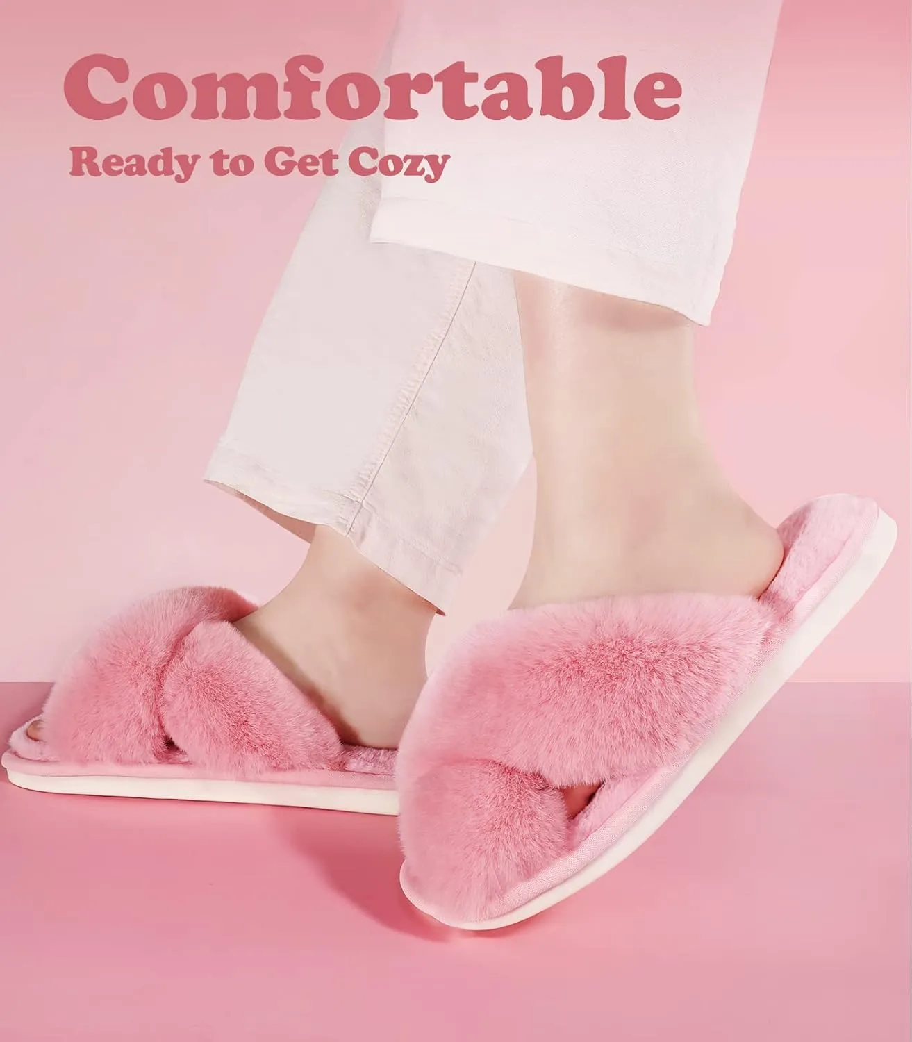 Ankis Womens Fuzzy Memory Foam Slippers Cross Band Cozy Plush Home Slippers Fluffy Furry Open Toe House Shoes Indoor Outdoor Slide Slipper