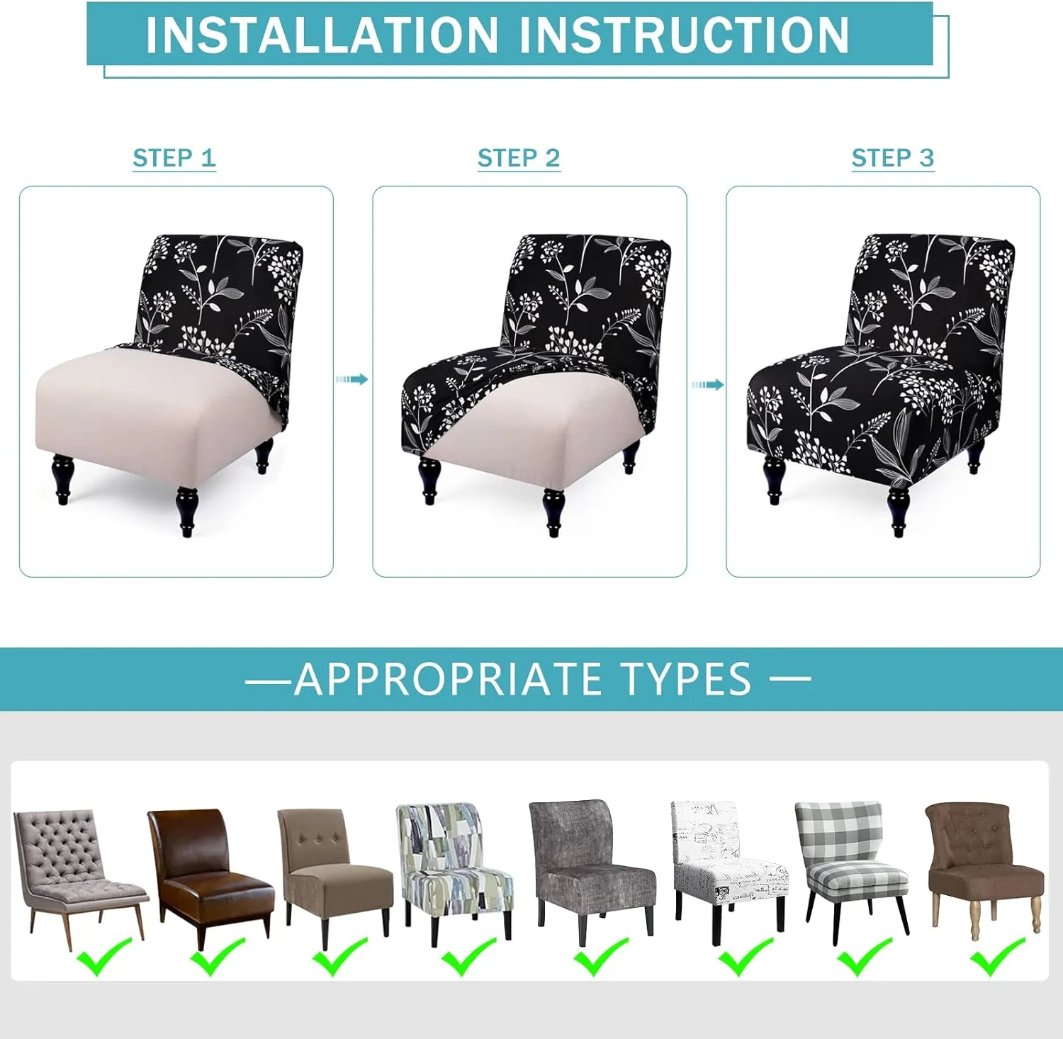 Armless Accent Slipper Chair Cover Slipcover,Stretch Spandex Printed Removable Non-Slip Silp Cover for Accent Chair Without Arms for Living Dining Room