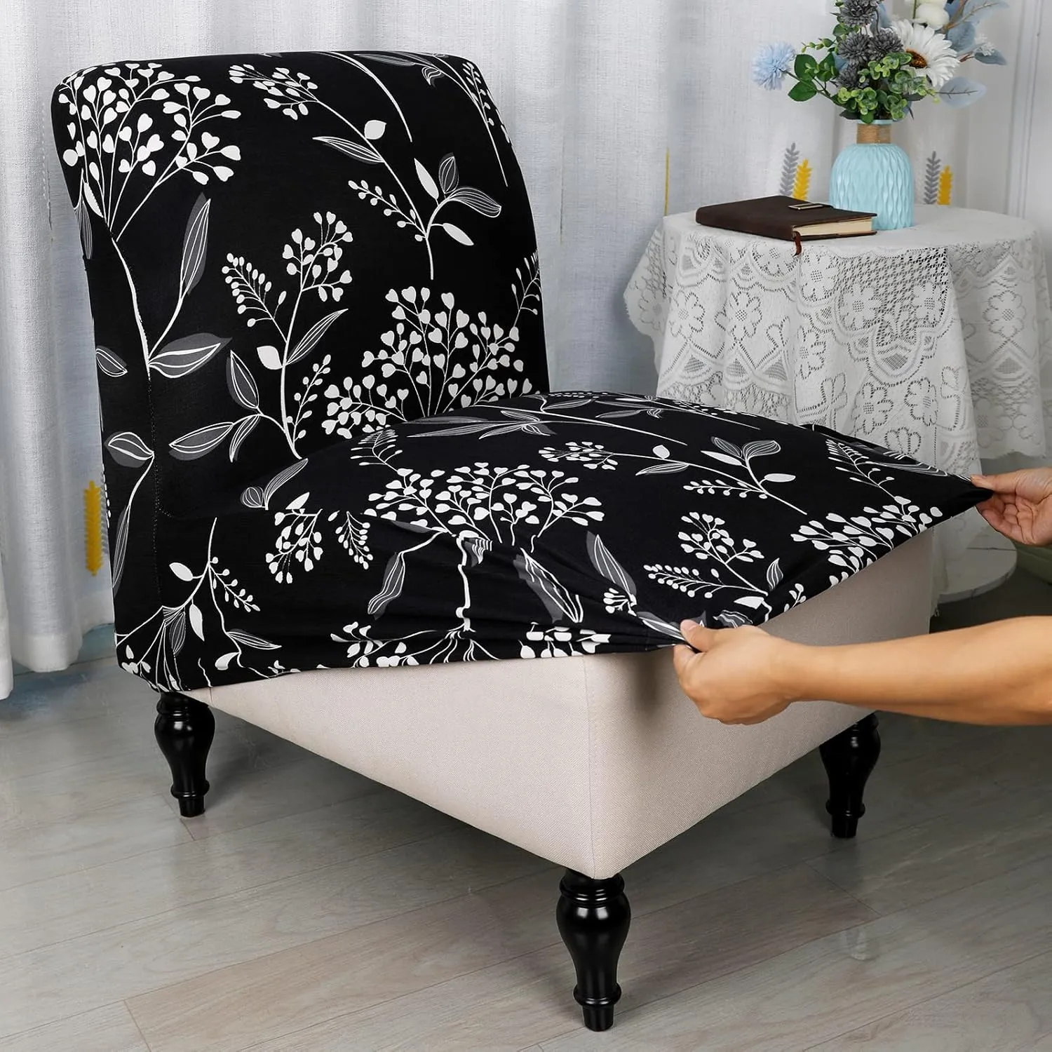 Armless Accent Slipper Chair Cover Slipcover,Stretch Spandex Printed Removable Non-Slip Silp Cover for Accent Chair Without Arms for Living Dining Room