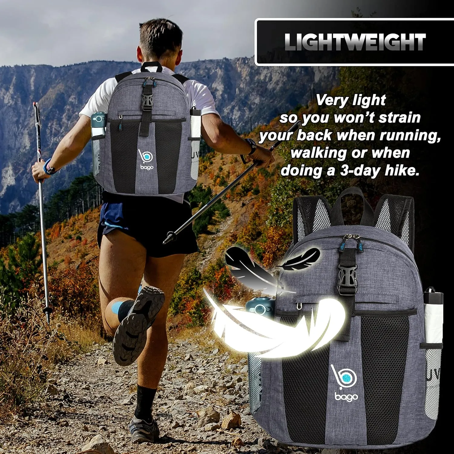 bago Lightweight Backpack for Hiking Backpack for Women and Men - 25L Travel Day Pack - Foldable Hiking Daypack Ultralight for Camping Outdoor Sports - Packable Backpack for Travel (SnowBlack)