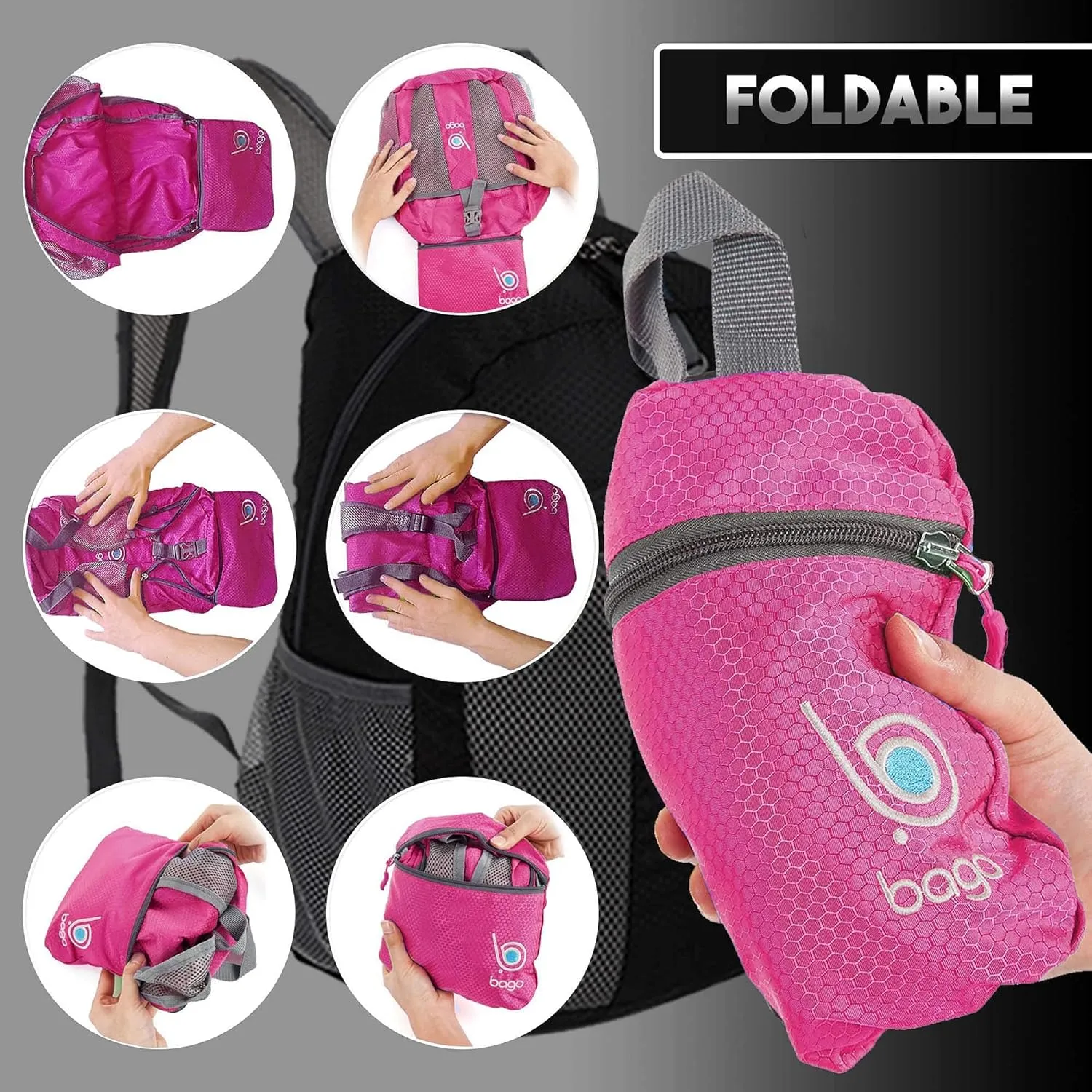 bago Lightweight Small Hiking Backpack for Women and Men - 25L Travel Day Pack - Foldable Hiking Daypack Ultralight for Camping Outdoor Sports - Day Bag Packable Backpack for Travel (Pink)