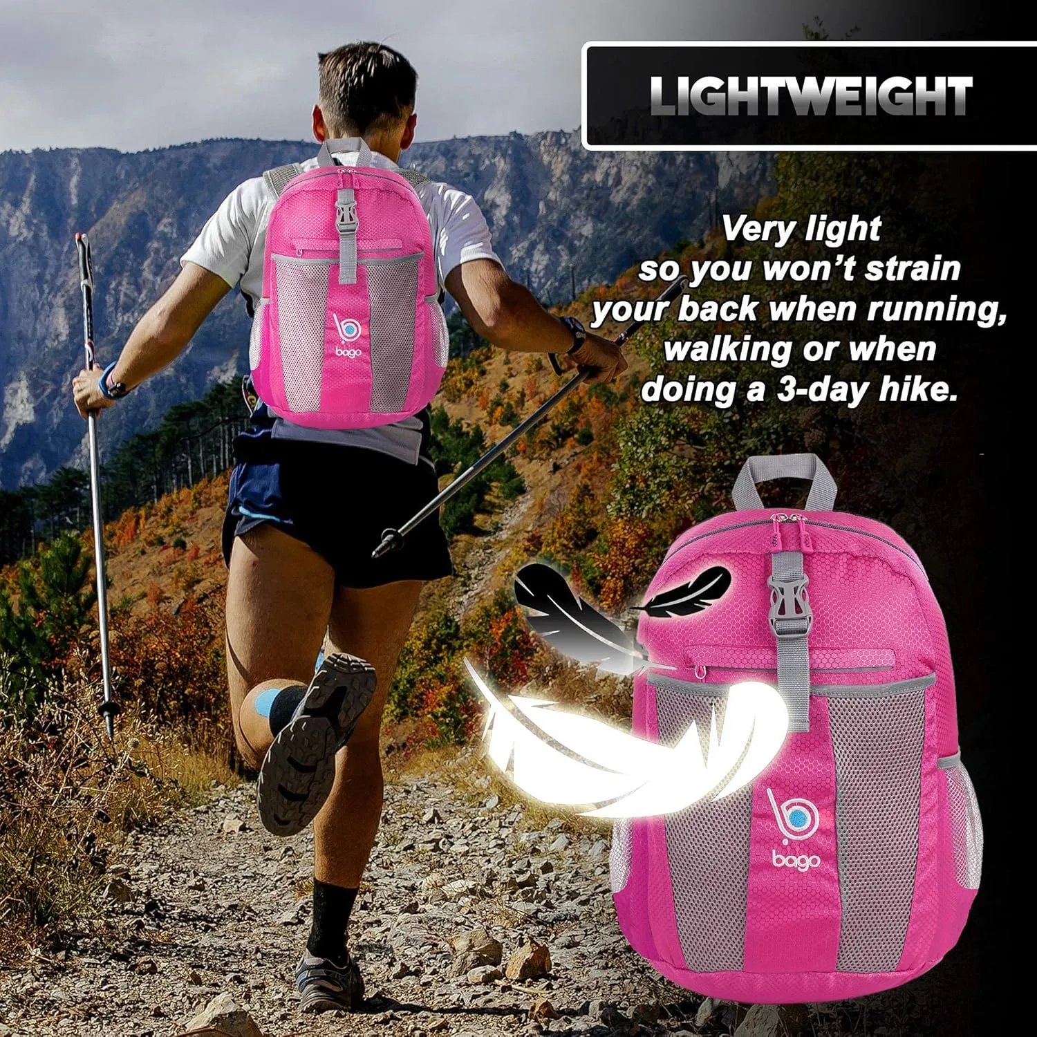 bago Lightweight Small Hiking Backpack for Women and Men - 25L Travel Day Pack - Foldable Hiking Daypack Ultralight for Camping Outdoor Sports - Day Bag Packable Backpack for Travel (Pink)