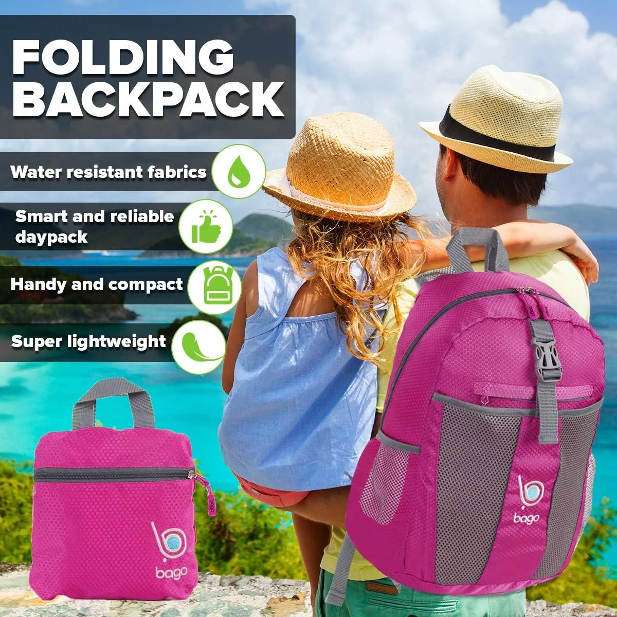 bago Lightweight Small Hiking Backpack for Women and Men - 25L Travel Day Pack - Foldable Hiking Daypack Ultralight for Camping Outdoor Sports - Day Bag Packable Backpack for Travel (Pink)