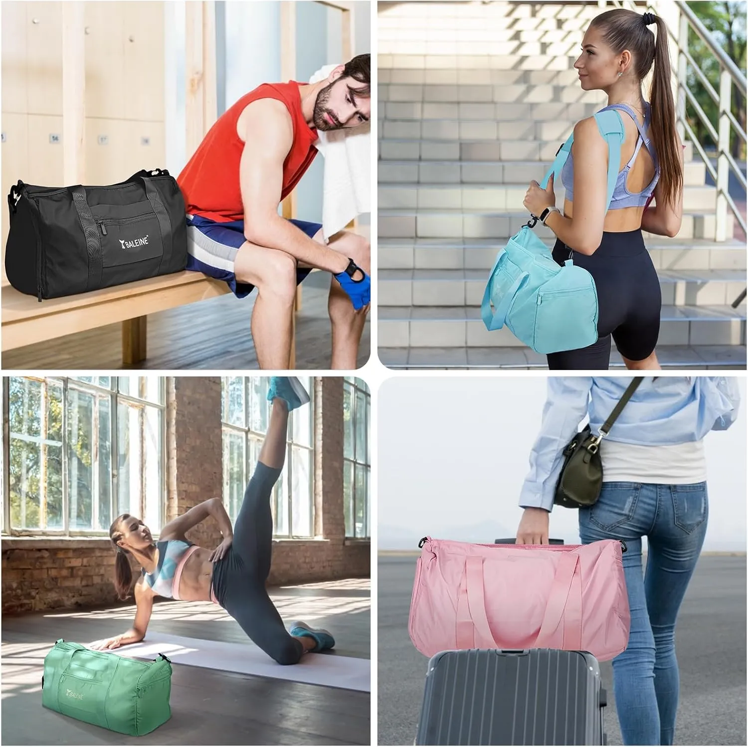 BALEINE Gym Bag for Women and Men, Small Duffel Bag for Sports, Gyms and Weekend Getaway, Waterproof Dufflebag with Shoe and Wet Clothes Compartments, Lightweight Carryon Gymbag (Pink)