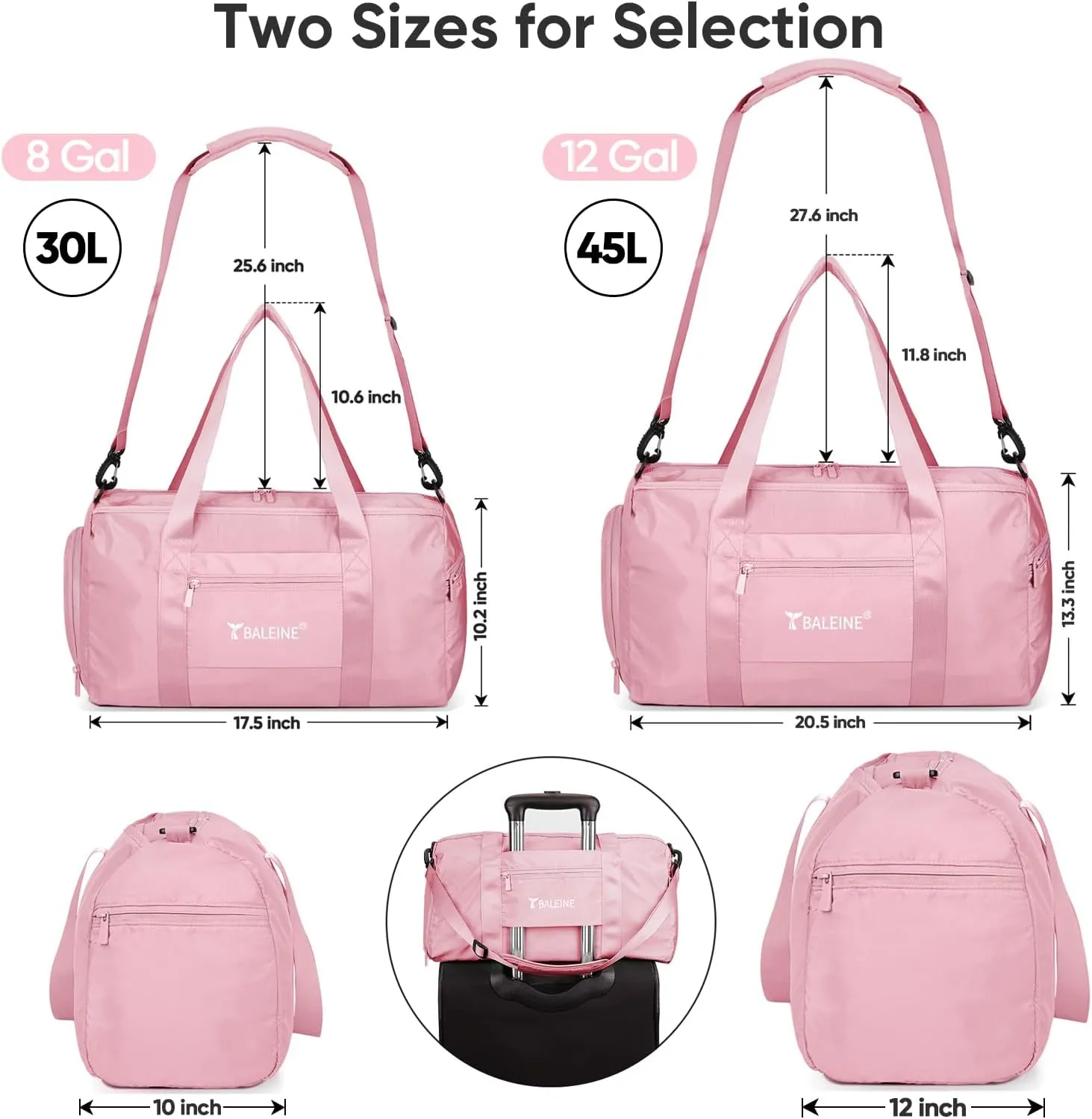 BALEINE Gym Bag for Women and Men, Small Duffel Bag for Sports, Gyms and Weekend Getaway, Waterproof Dufflebag with Shoe and Wet Clothes Compartments, Lightweight Carryon Gymbag (Pink)