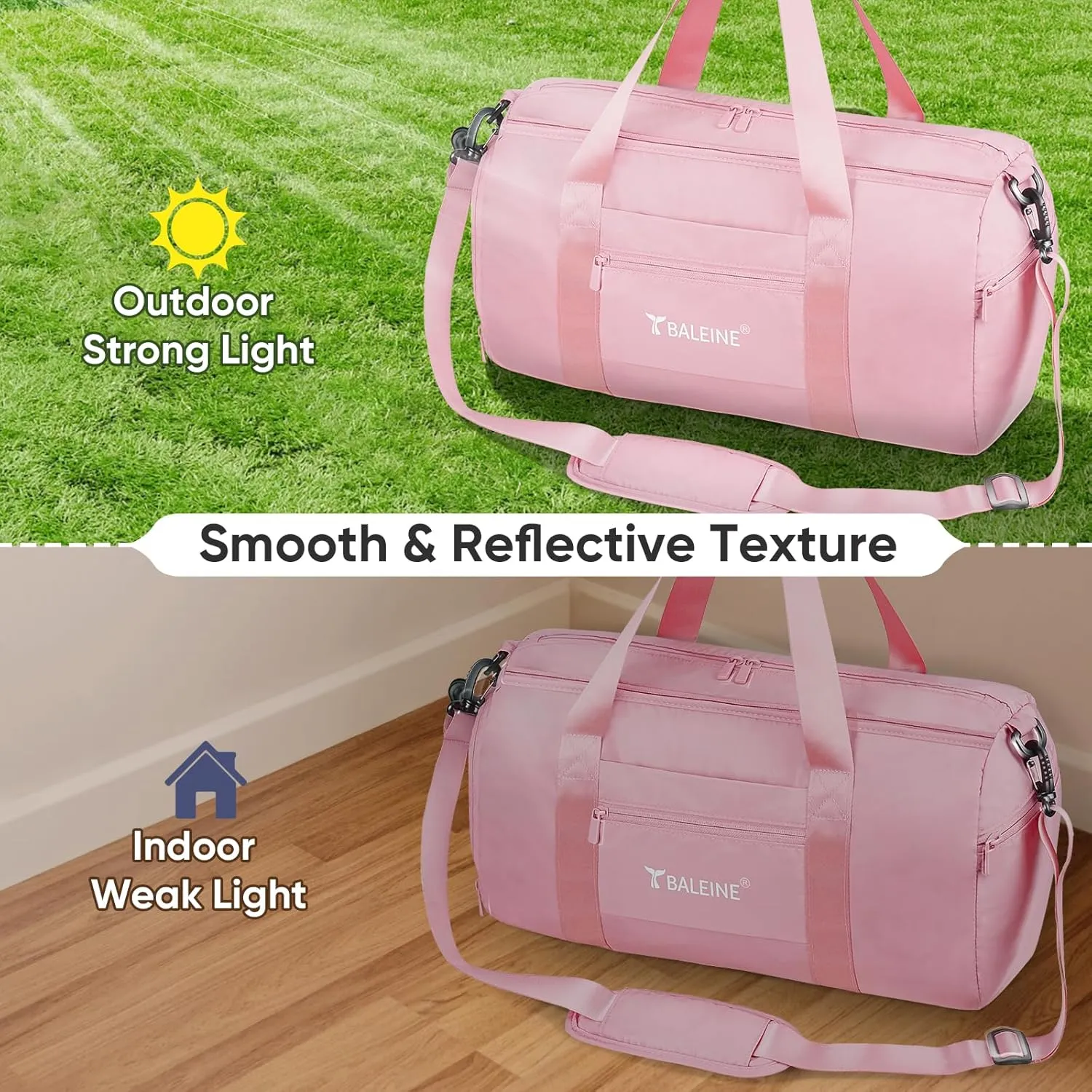 BALEINE Gym Bag for Women and Men, Small Duffel Bag for Sports, Gyms and Weekend Getaway, Waterproof Dufflebag with Shoe and Wet Clothes Compartments, Lightweight Carryon Gymbag (Pink)