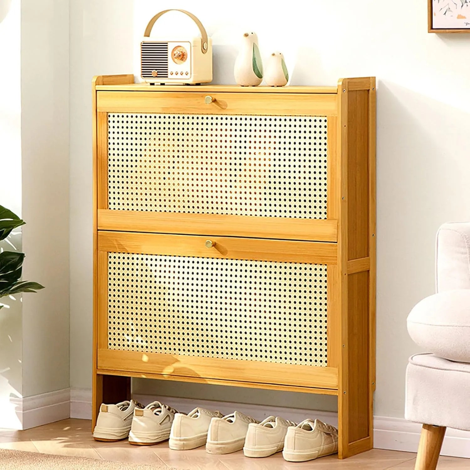 Bamboo Shoe Cabinet with Flip Up Doors Free Standing nizer for Heels Boots and Slippers Slim Shoe Storage Rack for Entryway Hallway Living Room 70x17x87cm Wood