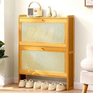 Bamboo Shoe Cabinet with Flip Up Doors Free Standing nizer for Heels Boots and Slippers Slim Shoe Storage Rack for Entryway Hallway Living Room 70x17x87cm Wood