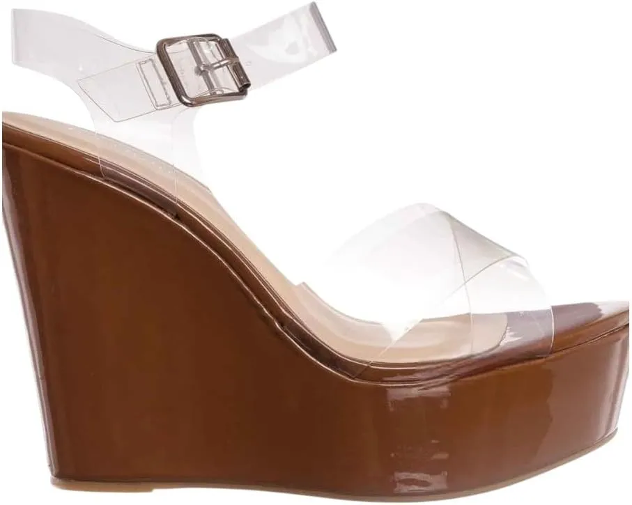 BAMBOO Women Peep Toe Platform Wedge High Heel Ankle Strap Sandals