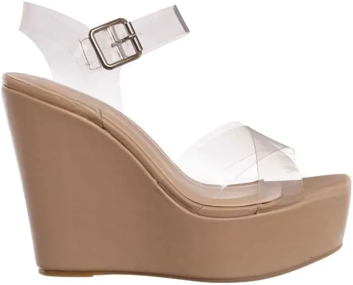 BAMBOO Women Peep Toe Platform Wedge High Heel Ankle Strap Sandals