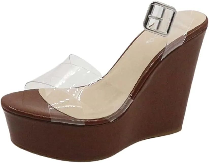 BAMBOO Women Peep Toe Platform Wedge High Heel Ankle Strap Sandals