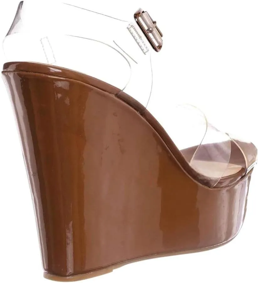 BAMBOO Women Peep Toe Platform Wedge High Heel Ankle Strap Sandals