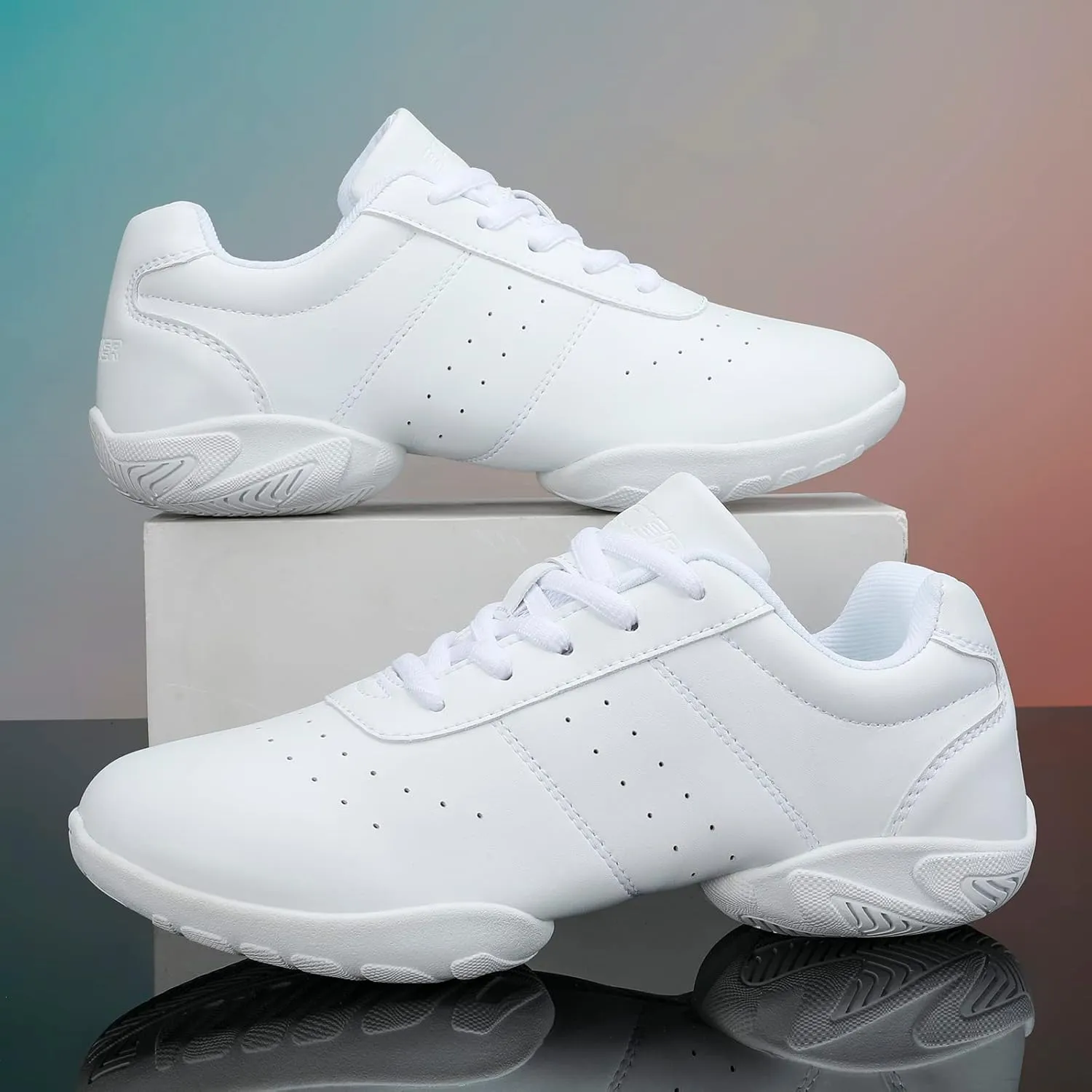 BAXINIER Girls White Cheerleading Dance Shoes Athletic Training Tennis Breathable Youth Competition Cheer Sneakers