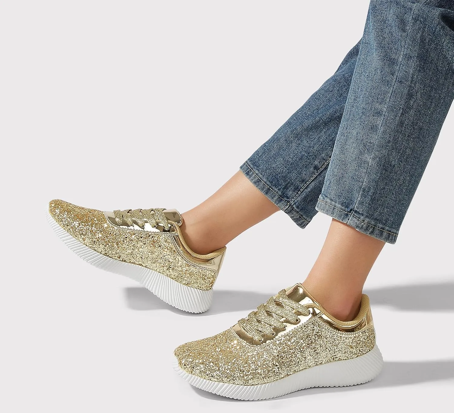 BELOS Women's Glitter Shoes Sparkly Lightweight Metallic Sequins Tennis Shoes Casual Retro Braided Walking Shoes
