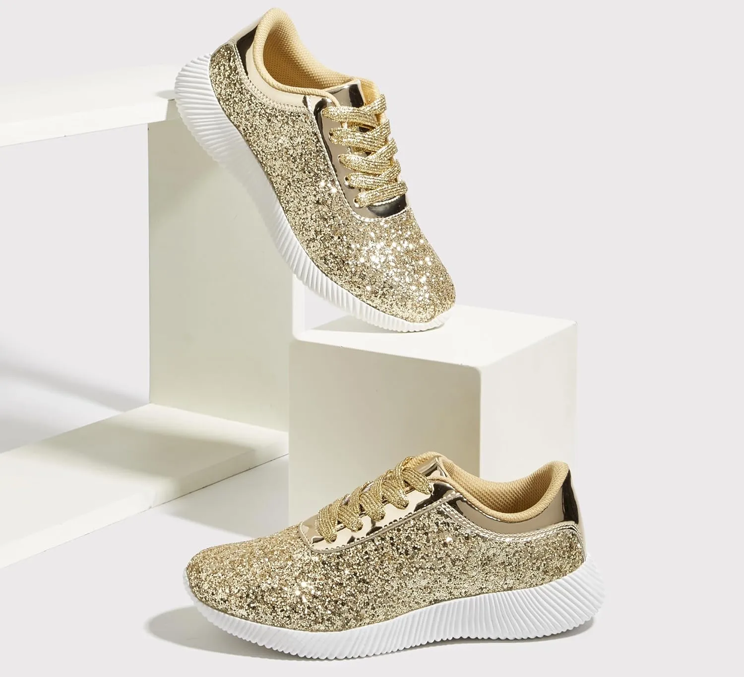 BELOS Women's Glitter Shoes Sparkly Lightweight Metallic Sequins Tennis Shoes Casual Retro Braided Walking Shoes