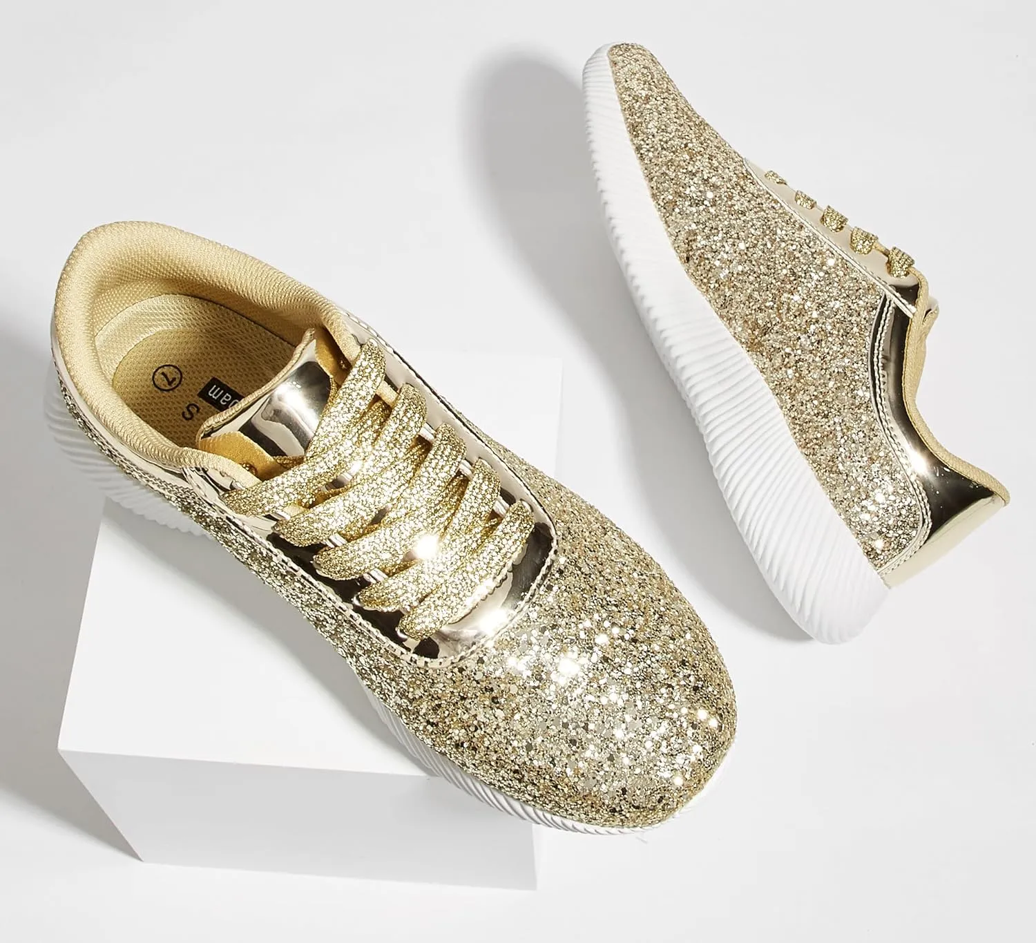 BELOS Women's Glitter Shoes Sparkly Lightweight Metallic Sequins Tennis Shoes Casual Retro Braided Walking Shoes