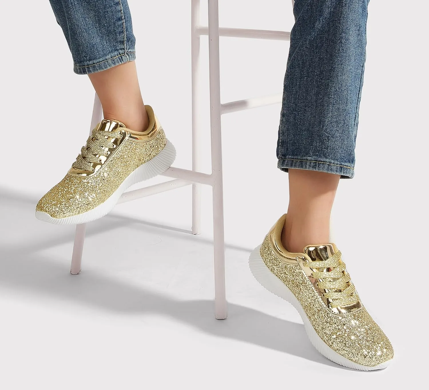 BELOS Women's Glitter Shoes Sparkly Lightweight Metallic Sequins Tennis Shoes Casual Retro Braided Walking Shoes