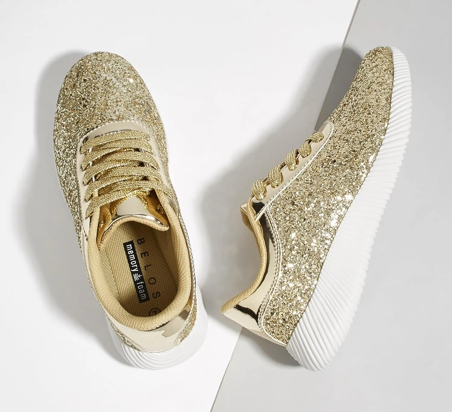BELOS Women's Glitter Shoes Sparkly Lightweight Metallic Sequins Tennis Shoes Casual Retro Braided Walking Shoes